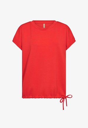 Punane lühikeste varrukatega pluus ümara kaelusega ja reguleeritava nööriga allääres.