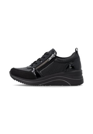 Black sneaker with lace-up front, side zipper, padded collar, and thick sole with textured grip.