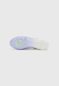 Football boot sole with a translucent light purple base, spiral pattern, and green accents. Features six round traction studs for grip.