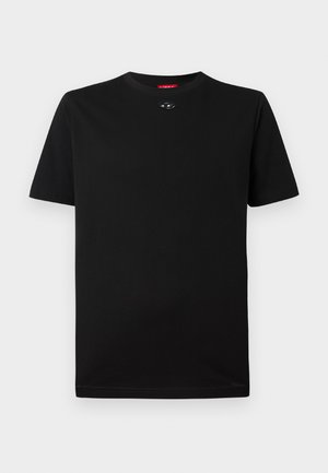 Black t-shirt made of cotton with short sleeves, round neck, and a small decorative detail at the collar. Smooth texture, no pattern.