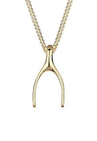 Guldhalsband med hänge i önskeben-design, hängande från en fint länkad kedja. Slät yta, polerad finish, minimalistisk form.