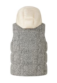 Kamizelka w wzór szarego houndstooth z beżowym puchowym kapturem, z pikowanym wykończeniem i okrągłym dekoltem. Widok z tyłu, brak widocznych zapięć.
