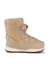 Beżowy wodoodporny botek za kostkę z wyściełanym wierzchem, sznurowanym przodem i teksturowanymi akcentami, na białej podeszwie z gumowym bieżnikiem.