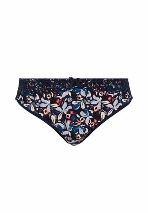 Sous-vêtements en dentelle florale bleu marine arborant un motif floral coloré dans les tons de bleu, rouge et rose, avec un petit nœud noir en accent à l'avant.