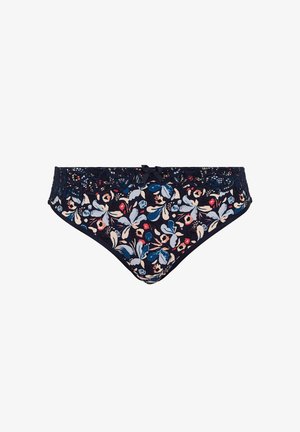 Sous-vêtements en dentelle florale bleu marine arborant un motif floral coloré dans les tons de bleu, rouge et rose, avec un petit nœud noir en accent à l'avant.