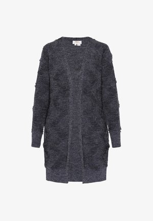 Temno siva pletena kardigan z dolgim odprtim sprednjim delom, teksturirano tkanino in obrabljenimi robovi na rokavih. Ima dve stranski žep.