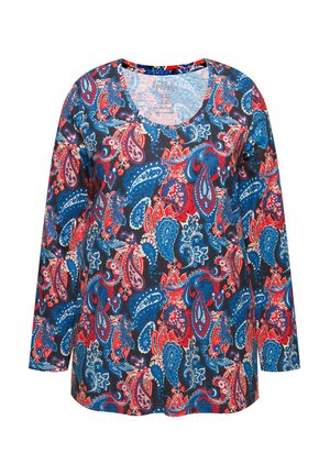 Maglietta a maniche lunghe con scollatura rotonda, caratterizzata da un vivace motivo paisley in rosso, blu e bianco su uno sfondo scuro. Tessuto morbido.