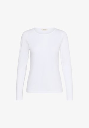 Biely top s dlhým rukávom a okrúhlym výstrihom. Vyrobený z jemného, hladkého materiálu s priliehavým strihom. Bez viditeľných vzorov alebo kovových detailov.