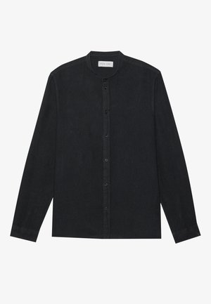 Black long-sleeve button-up shirt with a stand collar, featuring front placket and straight cut. Fabric has a subtle texture.