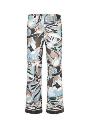 Rechte broek met een brede tailleband, voorzien van een abstract bloemenpatroon in blauwe, bruine, zwarte en witte tinten.