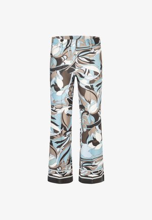 Rechte broek met een brede tailleband, voorzien van een abstract bloemenpatroon in blauwe, bruine, zwarte en witte tinten.