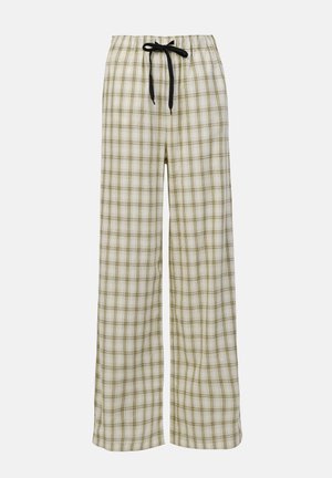 Kergelt beeži ja oliivroheline ruuduline laia säärega püksid, millel on elastne vöökoht ja must pael. Valmistatud pehmest, kergest kangast.