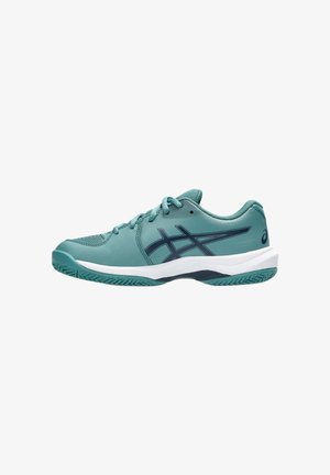Chaussure de sport bleu sarcelle et noire avec lacets, bout en mesh, semelle intermédiaire blanche et semelle texturée, vue de profil sur fond blanc.