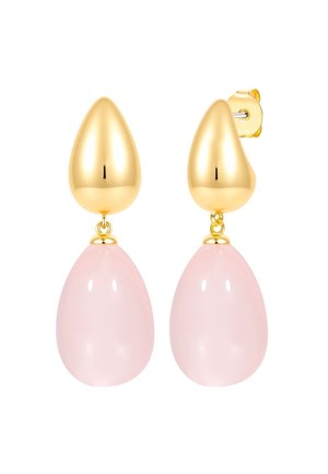 Goldene Ohrstecker in Tropfenform mit hängenden, glatten, polierten pinkfarbenen Steinen in Tropfenform.