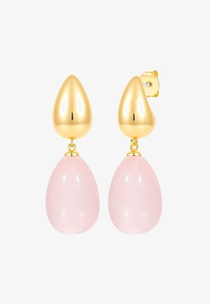 Goldene Ohrstecker in Tropfenform mit hängenden, glatten, polierten pinkfarbenen Steinen in Tropfenform.