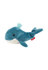 Soft blue and white whale plush toy with a small fin on top and a red fabric tag on its side.