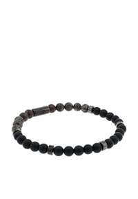 Bracciale in perline nero e grigio con perline lucide e opache, intervallato da dettagli metallici e una chiusura magnetica.