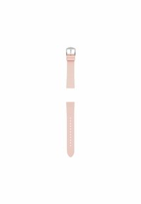 Un bracelet de montre en silicone rose avec une boucle en métal argenté, présentant une texture lisse et plusieurs trous d'ajustement pour le dimensionnement.