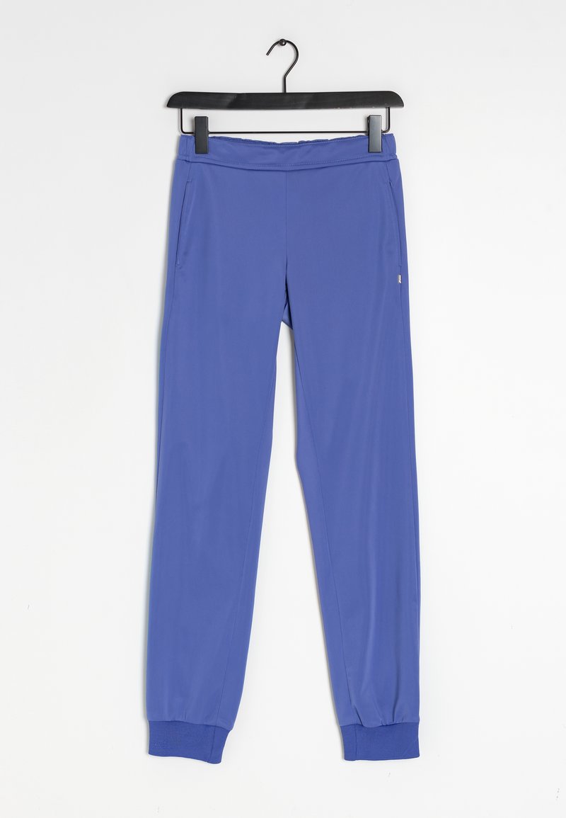 Blue jogger pants made of smooth, lightweight fabric. Features an elastic waistband and ribbed cuffs; includes side pockets for storage.