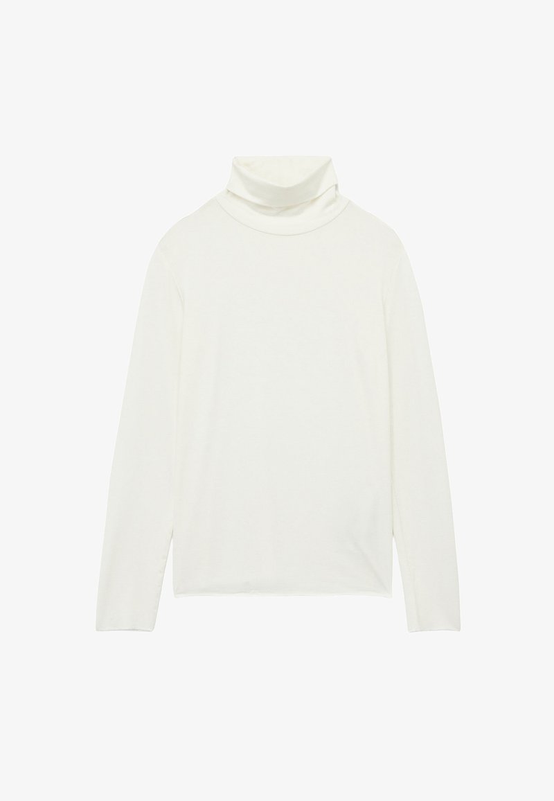 Maglione a collo alto bianco realizzato in un tessuto morbido e elasticizzato, con maniche lunghe e una vestibilità comoda, caratterizzato da un colletto alto e ripiegato.