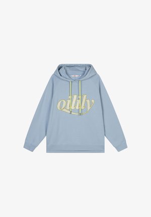 Lichtblauwe hoodie van zacht stof met een groot, gestructureerd geel logo en een trekkoord met gele uiteinden. Voorzien van een zak aan de voorkant.