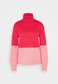 Rot- und hellrosa farblich abgesetzter Rollkragenpullover. Weiches Strickmaterial, lässige Passform mit geripptem Kragen und Bündchen. Lange Ärmel, ohne Muster.