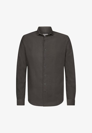 Maglietta a maniche lunghe grigio scuro con colletto alla francese, pattina anteriore con bottoni neri e orlo leggermente arrotondato. Tessuto dalla superficie liscia.