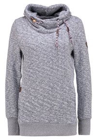 Pull-over gris chiné à manches longues avec col haut en forme de cagoule et cordons rose-noir ornés de perles en bois, poignets et ourlet côtelés.