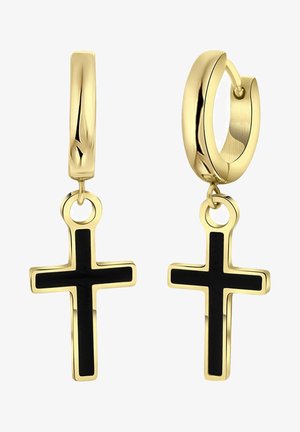 Pendientes de aro dorados con colgantes de cruz de esmalte negro. Acabado suave y brillante; diseño circular con cierre a bisagra.