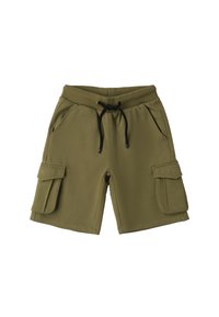 Pantaloni cargo verde oliva realizzati in tessuto misto cotone; presentano due tasche laterali, due tasche cargo e una vita regolabile con lacci.