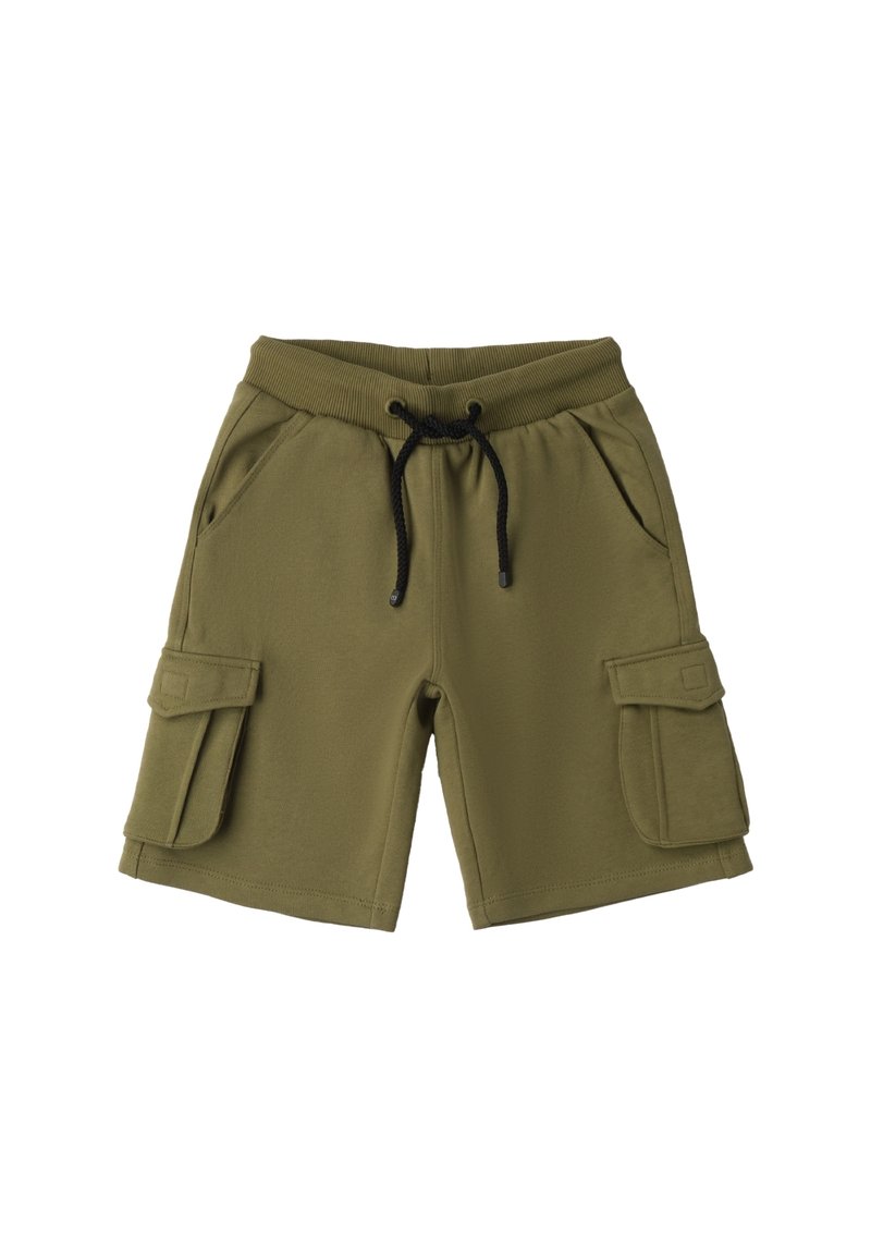 Pantaloni cargo verde oliva realizzati in tessuto misto cotone; presentano due tasche laterali, due tasche cargo e una vita regolabile con lacci.