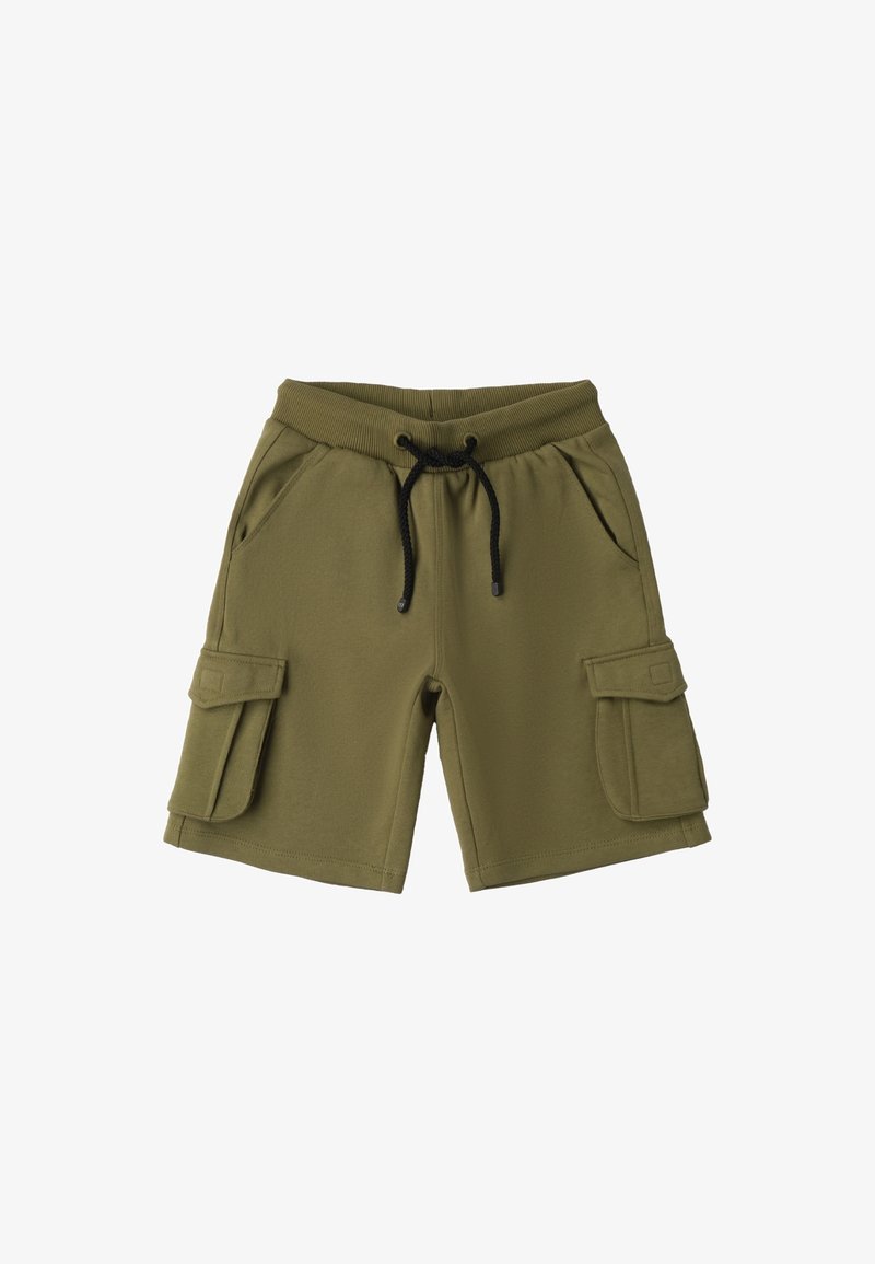 Bermudas de carga en color verde oliva, confeccionadas con una mezcla de algodón; cuentan con dos bolsillos laterales, dos bolsillos tipo cargo y una cinturilla con cordón ajustable.