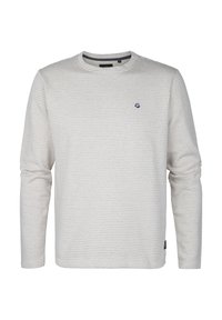 Camisa de manga larga en gris claro con un sutil patrón de rayas y cuello redondo. Presenta un pequeño logo en el pecho y puños acanalados.