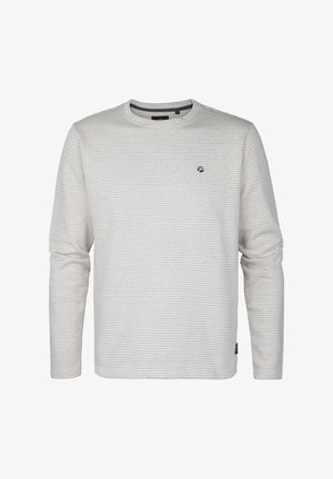 Cămașă cu mânecă lungă de culoare gri deschis, cu un model subtil de dungi și guler rotund. Prezintă un mic logo pe piept și manșete ribbate.