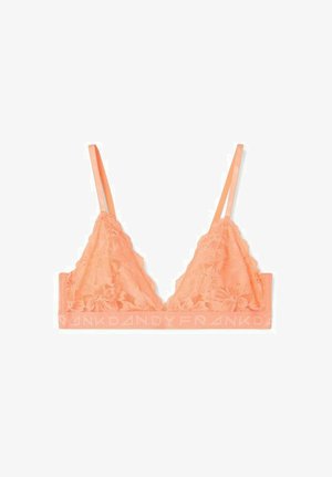 Peachfarbene Spitze-Bralette mit Blumenmuster, weichen dreieckigen Cups, verstellbaren Trägern und einem auffälligen Logo-Band am unteren Ende.