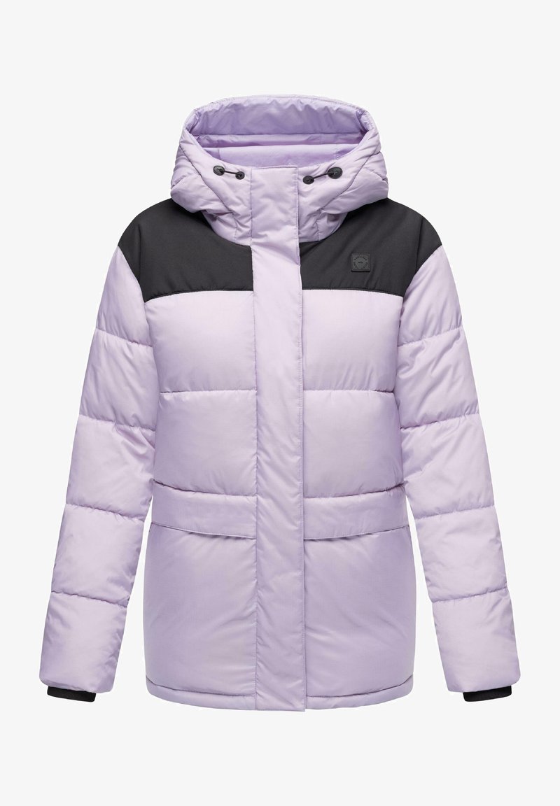 Šviesiai lavandinė pūkinė striukė su juodais peties akcentais. turi reguliuojamą gobtuvą ir dvi priekines kišenes. Sklandi, lengva audinio tekstūra.