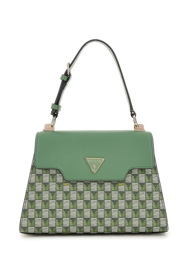 Green synthetic handbag with a structured design, featuring a patterned exterior of interlocking leaves and stripes, gold-tone logo detail.