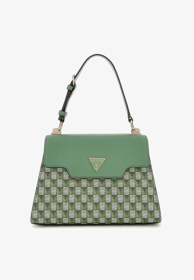 Green synthetic handbag with a structured design, featuring a patterned exterior of interlocking leaves and stripes, gold-tone logo detail.