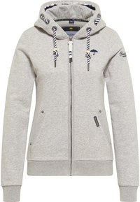 Sudadera gris con cremallera y capucha ajustable, que presenta detalles de cordones a rayas, dos bolsillos frontales y acentos de marca. Fabricada en un tejido suave.