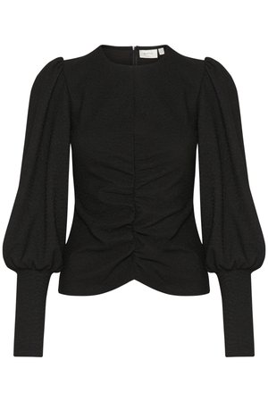 Blusa nera con texture, maniche a sbuffo, dettagli arricciati sulla parte anteriore e scollatura rotonda. Presenta una cerniera nascosta sul retro.