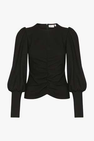 Blusa preta texturizada com mangas bufantes, detalhes franzidos na frente e um decote redondo. Apresenta um fecho oculto nas costas.