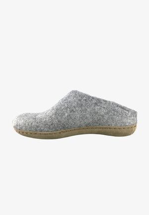 Gray felt slipper with a rounded toe, soft texture, and a tan rubber sole. Features a simple design and stitching detail along the sole.