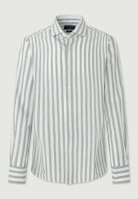 Hvid og grønstribet skjorte med knapper, klassisk krave, blødt stof og lange ærmer med kontrasterende stribede manchetter.