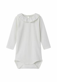 Bijela bodysuit s dugim rukavima koji ima čipkastu ovratniku, meki materijal, zatvaranje na dugmiće na dnu i glatku teksturu.