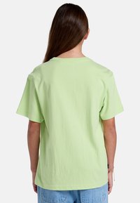 T-shirt in cotone verde chiaro con maniche corte e scollatura arrotondata, caratterizzato da una texture liscia e una vestibilità rilassata, mostrato da dietro.