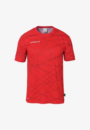Rotes kurzärmliges Sportshirt mit einem wirbelnden Linienmuster, aus atmungsaktivem Material gefertigt, mit Rundhalsausschnitt und Markenlogo auf der Brust.