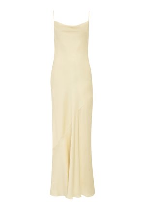 Vestido tipo slip sin mangas de color crema, con tirantes finos de espagueti y un detalle sutil fruncido en la parte baja de la falda.