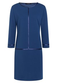 Blå klänning med trekvartslånga ärmar, rund halsringning och satinaccenter längs framsidan och ärmarna. Slät tygtextur, knälång.