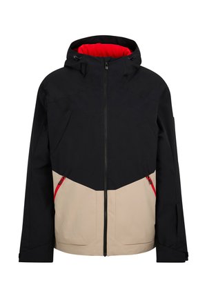 Herren wasserdichte Jacke, schwarz und beige, mit einem roten Innenfutter. Verfügt über einen Reißverschluss vorne, eine verstellbare Kapuze und zwei Seitentaschen.