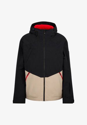 Herren wasserdichte Jacke, schwarz und beige, mit einem roten Innenfutter. Verfügt über einen Reißverschluss vorne, eine verstellbare Kapuze und zwei Seitentaschen.